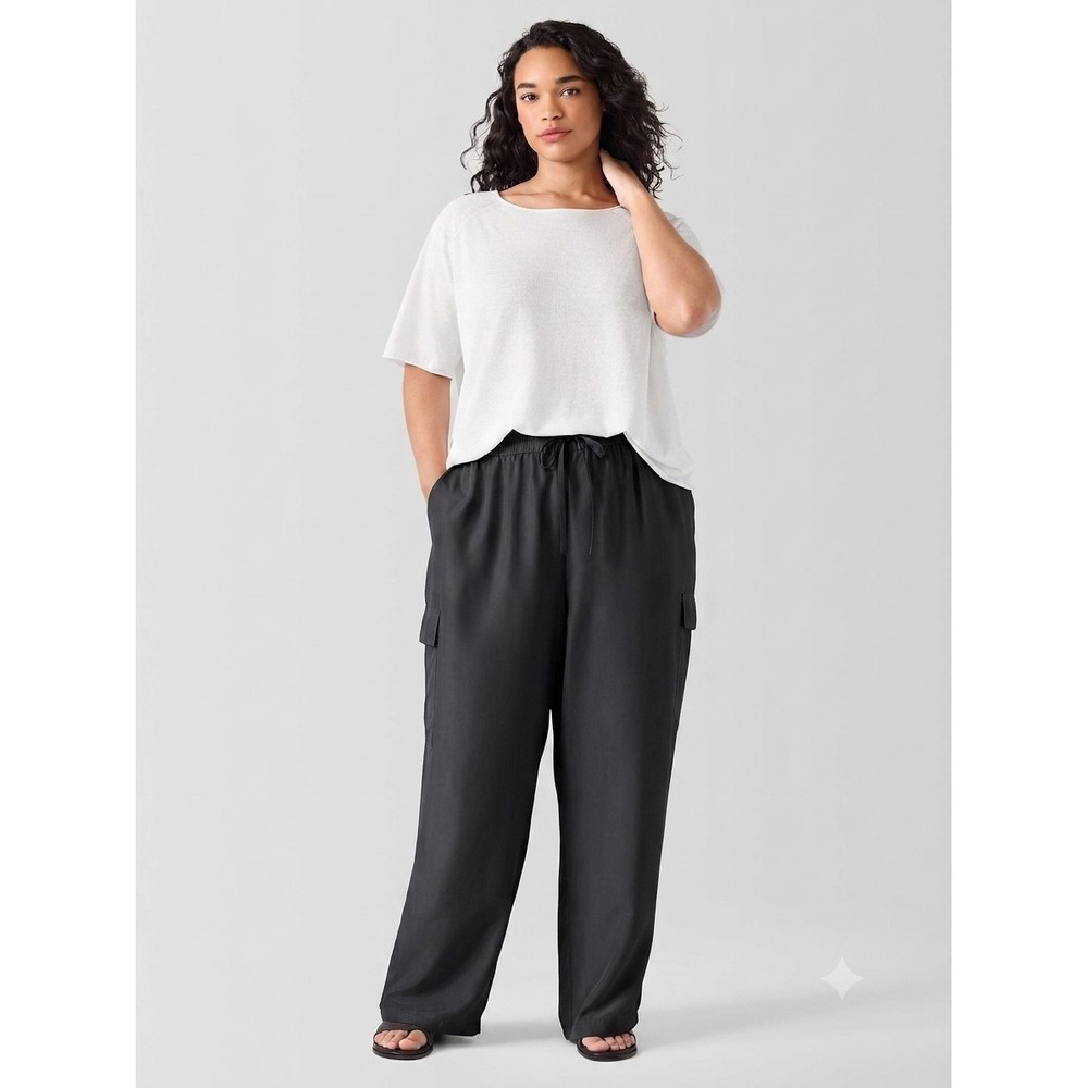Eileen Fisher Plus 1X Black 100% Washed Silk Cargo Pants Wide Leg Drawstring